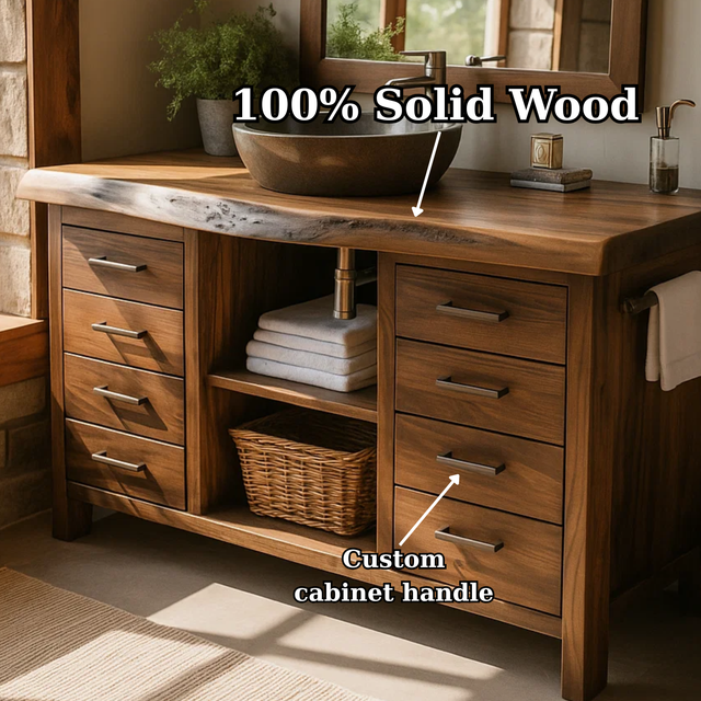Handcrafted Solid Wood Bathroom Vanity with Live Edge Walnut Top and 8 Storage Drawers