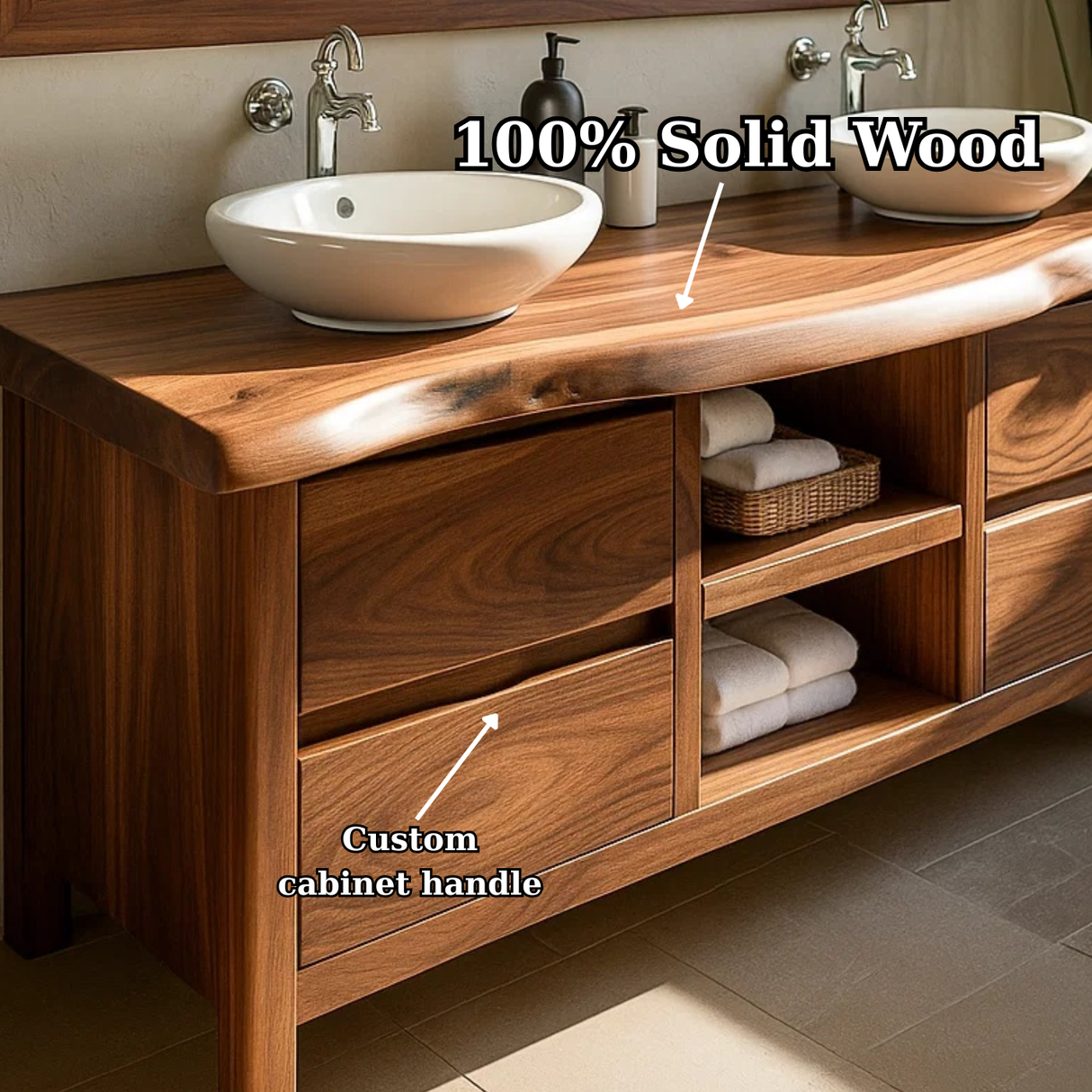 Handcrafted Solid Wood Bathroom Vanity - Live Edge Walnut, Drawers & Open Shelving