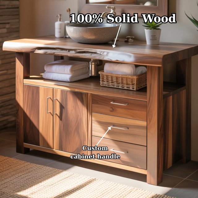 Handcrafted Solid Wood Bathroom Vanity with Live Edge Walnut Top, 3 Drawers and Cabinet