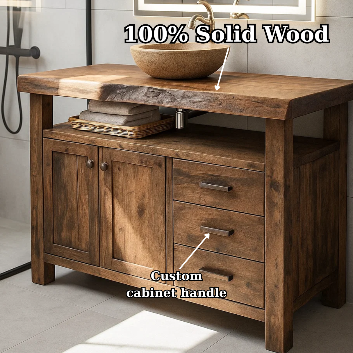 Handcrafted Solid Wood Bathroom Vanity with Live Edge Walnut Top, 3 Drawers and Cabinet