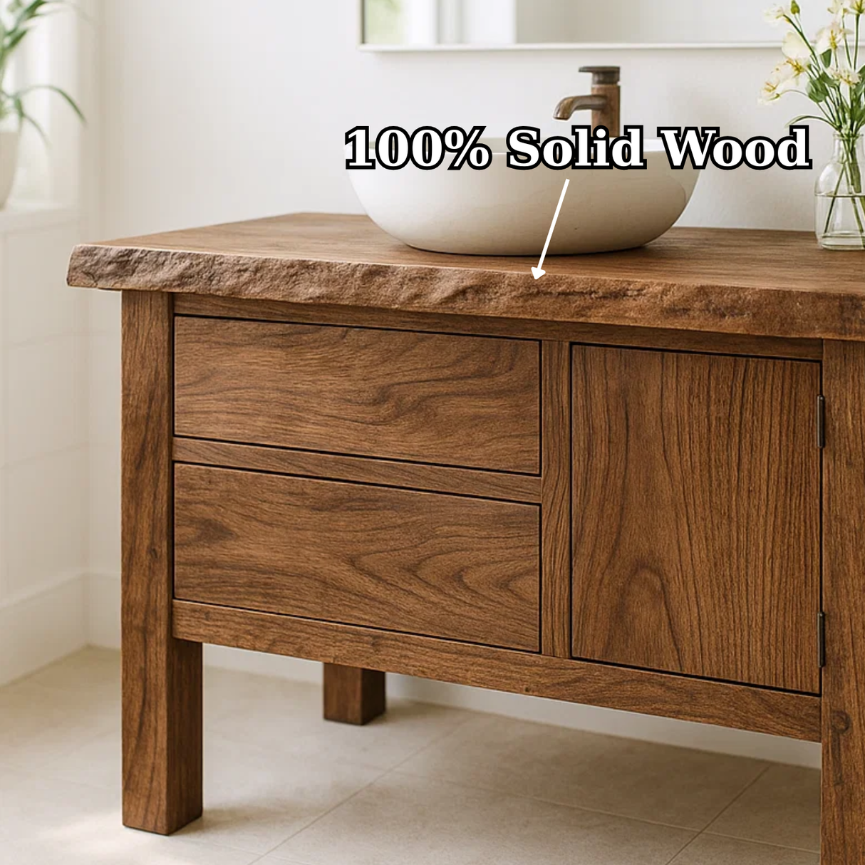 Handcrafted Solid Wood Bathroom Vanity - Live Edge Top, 2 Drawers & Single Door Cabinet