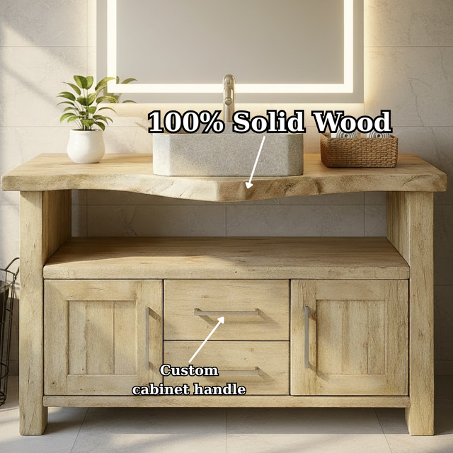 Handcrafted Solid Wood Bathroom Vanity with Live Edge Oak Top, 2 Drawers and Double Cabinets