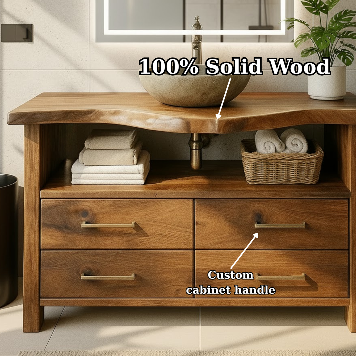 Handcrafted Solid Wood Bathroom Vanity with Live Edge Walnut Top and 4 Storage Drawers