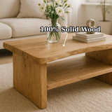 Handcrafted Solid Oak Coffee Table - Live Edge, Rustic Modern with Open Shelf