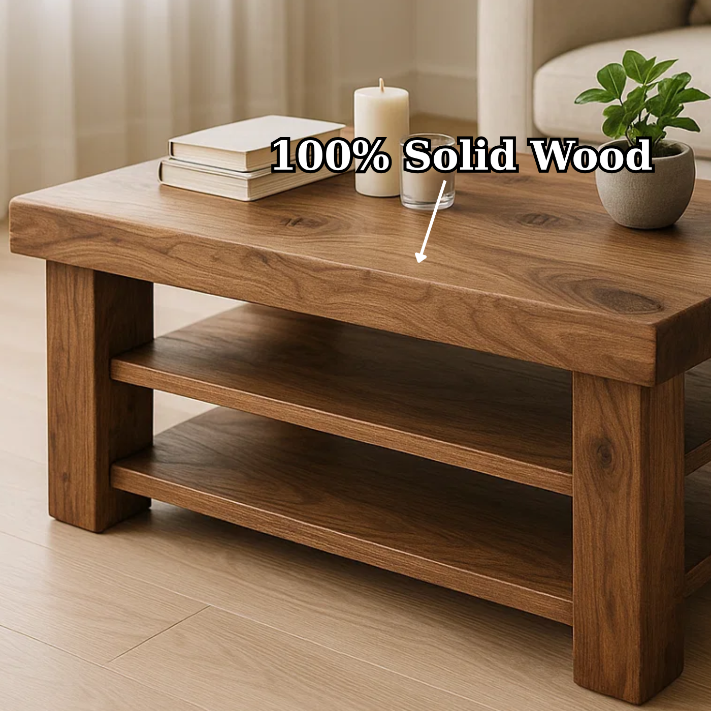 Handcrafted Solid Walnut Coffee Table - Rustic Modern with 2 Open Shelves
