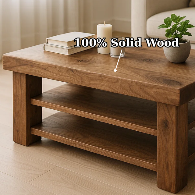 Handcrafted Solid Walnut Coffee Table - Rustic Modern with 2 Open Shelves