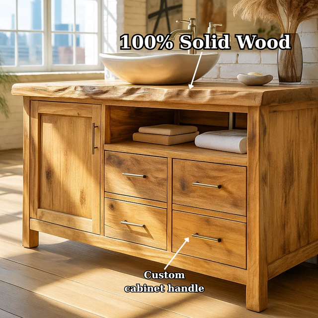 Handcrafted Solid Wood Bathroom Vanity with Live Edge Top and Four Storage Drawers