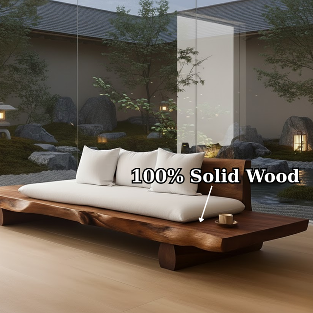 Handcrafted Solid Wood Sofa – Low Live Edge Wood Couch with Minimalist Zen Design