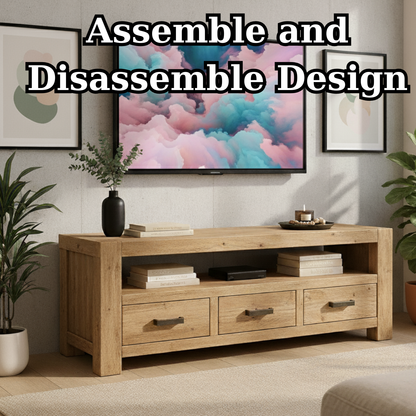 Handcrafted Solid Wood TV Stand - Chunky Rustic Media Console with 3 Drawers & Shelf