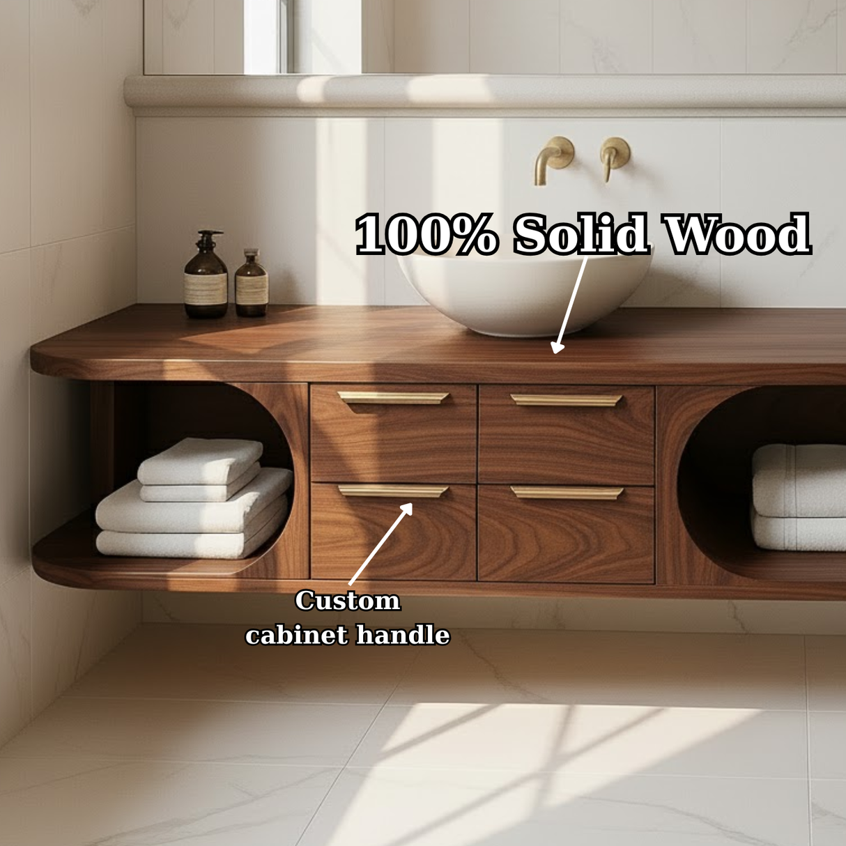 Handcrafted Solid Wood Floating Vanity - Modern Walnut Bathroom Console with Vessel Sink
