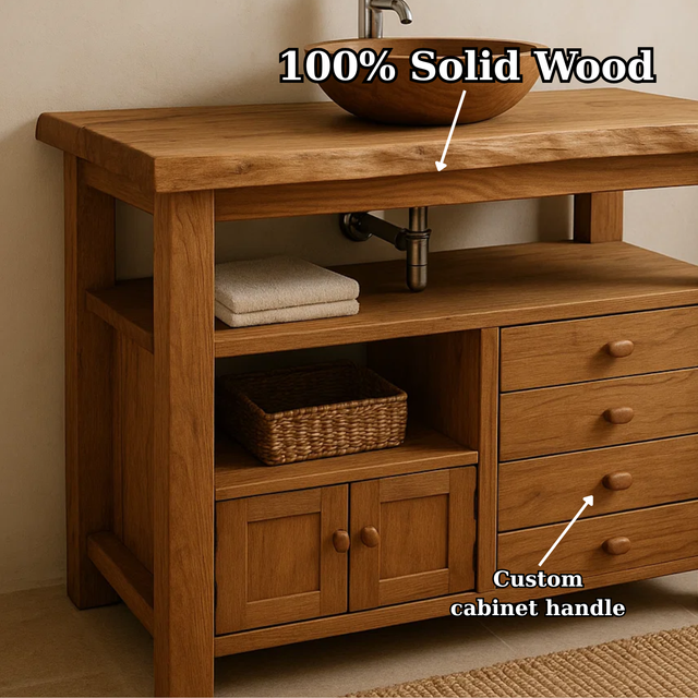 Handcrafted Solid Wood Bathroom Vanity with Live Edge Top and Multi Storage