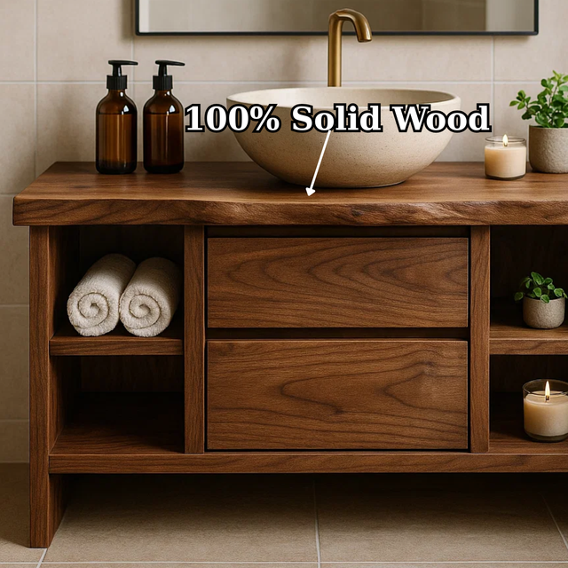 Handcrafted Solid Wood Single Vanity - Rustic Walnut Live Edge Bathroom Console