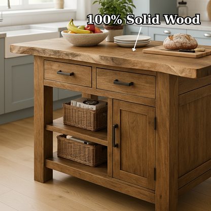 Handcrafted Solid Wood Kitchen Island - Live-Edge Top, Drawers & Cabinet