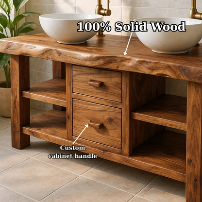 Handcrafted Solid Wood Floating Double Vanity - Live Edge Top, 2 Drawers & Open Shelves