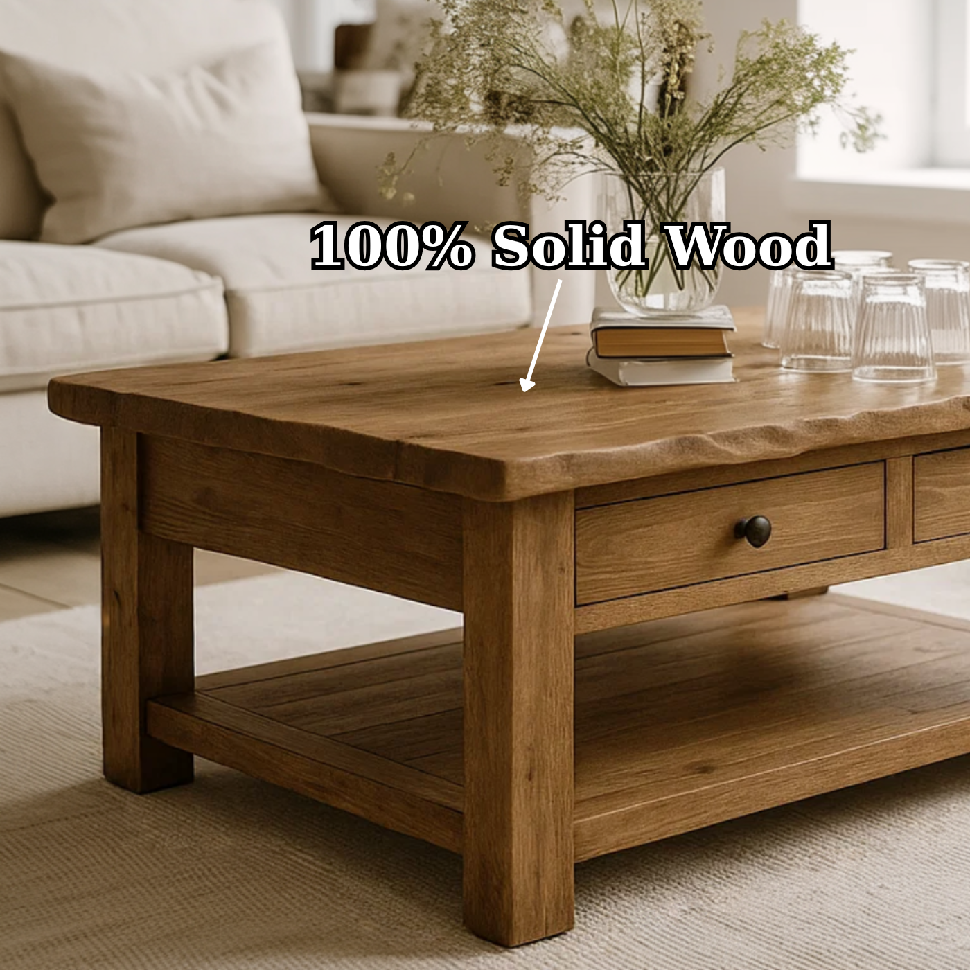 Handcrafted Solid Wood Coffee Table – Natural Slab Top with Two-Drawer Design
