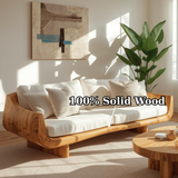 Handcrafted Solid Wood Sofa – Modern Curved Frame with Linen Cushions and Natural Finish