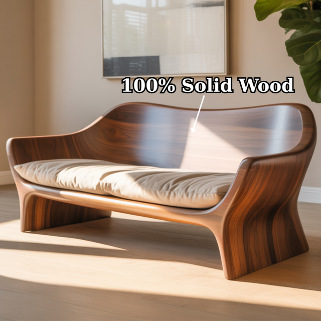 Handcrafted Solid Walnut Sofa – Sculptural Organic Wood Couch with Smooth Curves and Cushion Seat