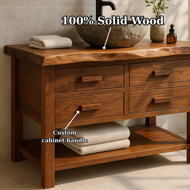 Handcrafted Solid Wood Bathroom Vanity with Live Edge Top and 4 Drawers