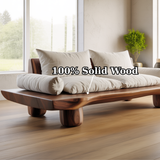 Handcrafted Solid Walnut Sofa – Low Organic Wood Couch with Linen Cushions and Rounded Legs