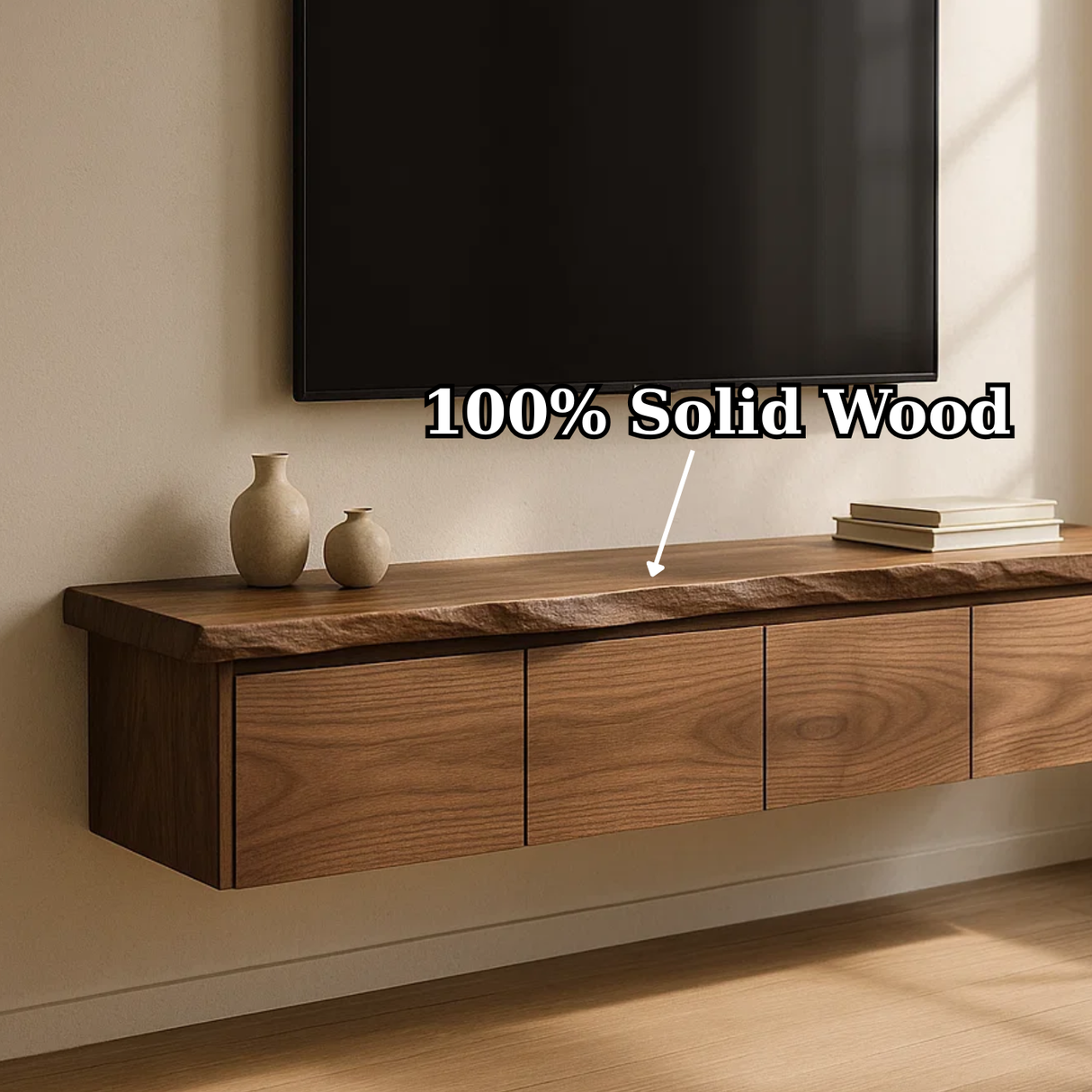 Handcrafted Solid Wood Floating TV Stand with Live Edge Walnut Top