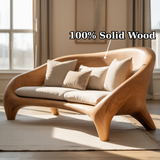 Handcrafted Solid Wood Sofa – Modern Organic Curved Couch with Smooth Sculptural Frame and Linen Cushions