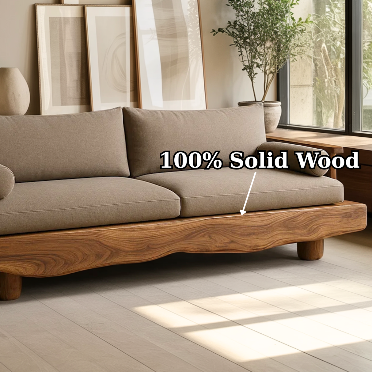 Handcrafted Solid Wood Sofa – Rustic Live Edge Wood Couch with Modern Minimalist Cushion Design
