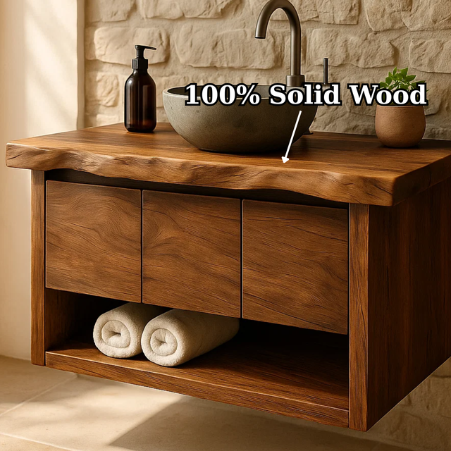Handcrafted Solid Wood Floating Bathroom Vanity with Live Edge Top - Rustic Modern Washstand