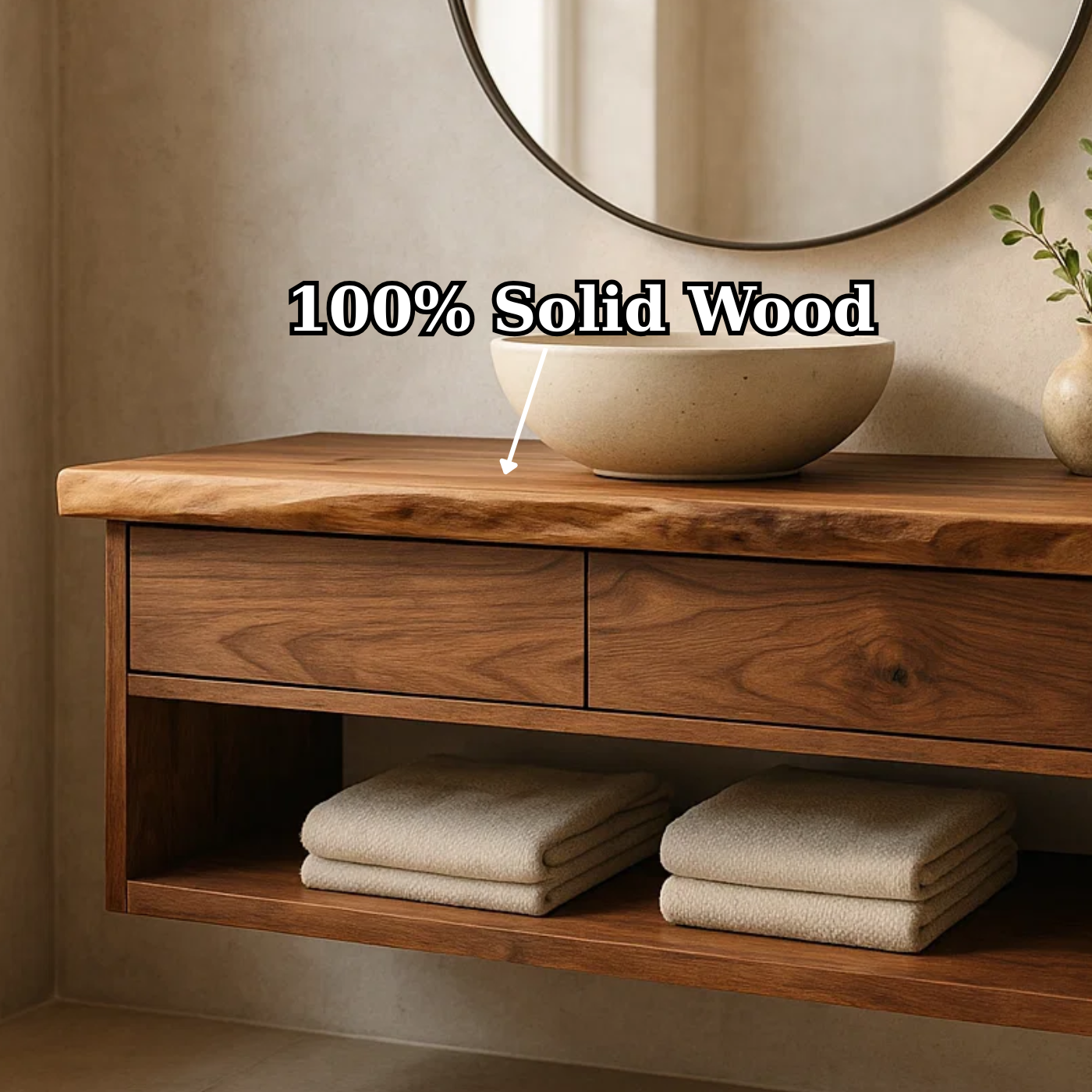 Handcrafted Solid Wood Floating Vanity - Live Edge Walnut with 2 Drawers & Open Shelf