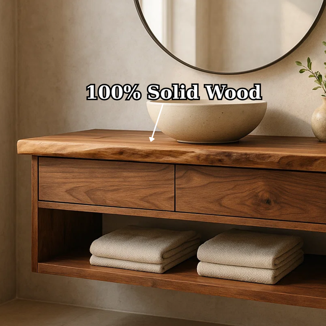 Handcrafted Solid Wood Floating Vanity - Live Edge Walnut with 2 Drawers & Open Shelf