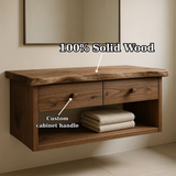 Handcrafted Solid Wood Floating Vanity - Live Edge Walnut Console with 2 Drawers & Open Shelf