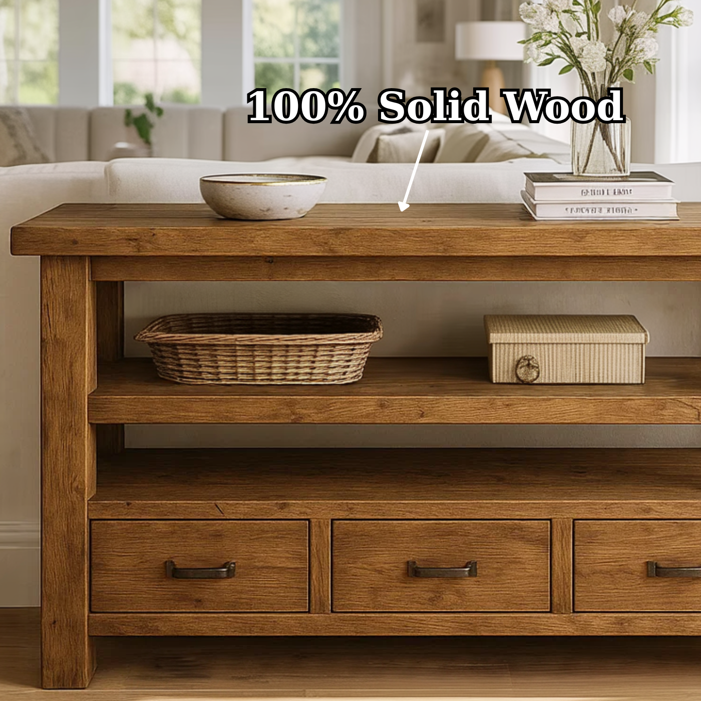 Handcrafted Solid Wood Console Table – Farmhouse Style with Three Storage Drawers