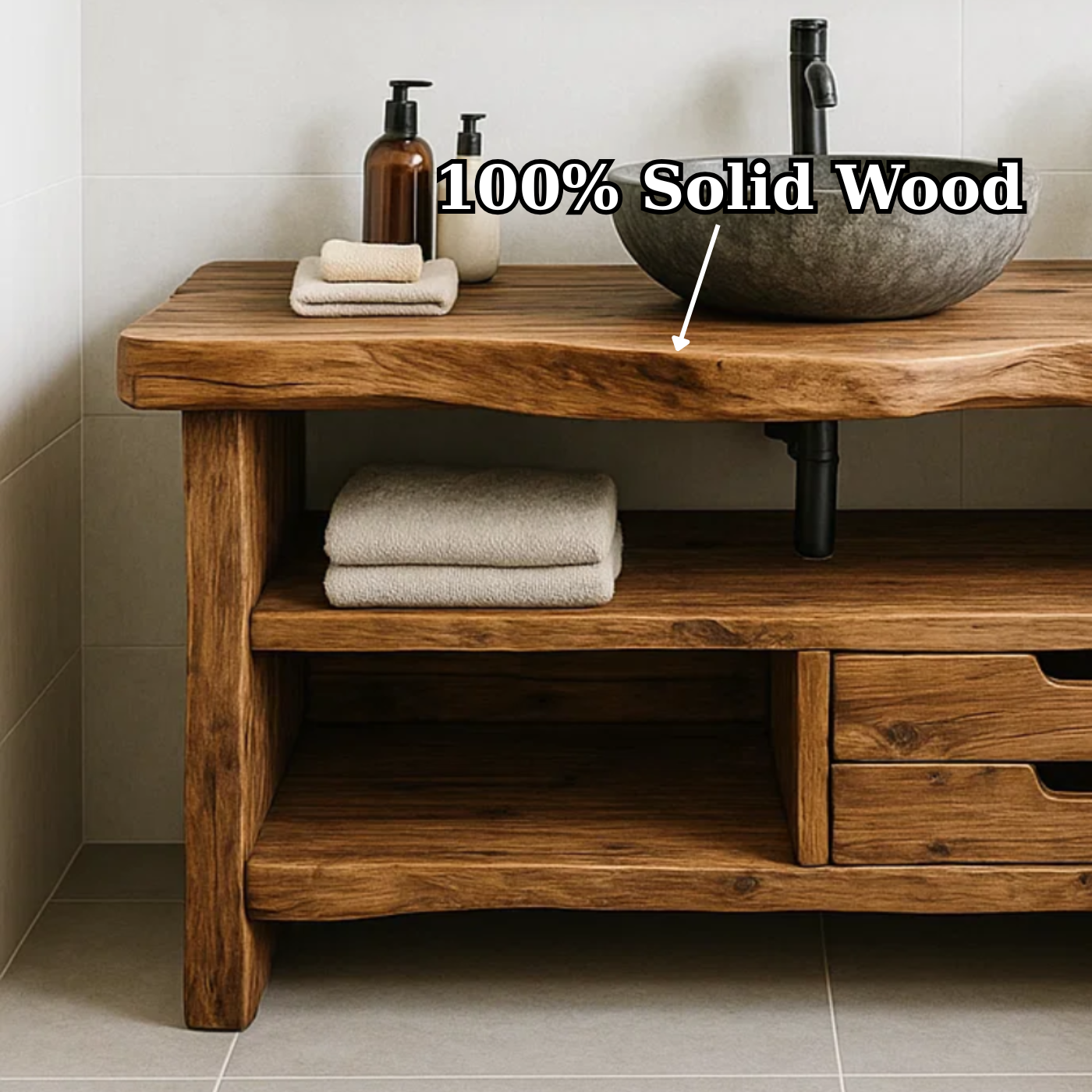 Handcrafted Solid Wood Bathroom Vanity, Rustic Live Edge Console with Storage