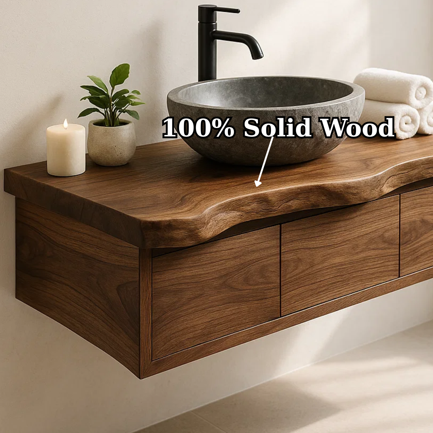 Handcrafted Solid Wood Floating Vanity - Live Edge Wall-Mounted Cabinet
