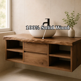 Handcrafted Solid Wood Floating Vanity - Live Edge Console with Central Drawers & Open Shelving