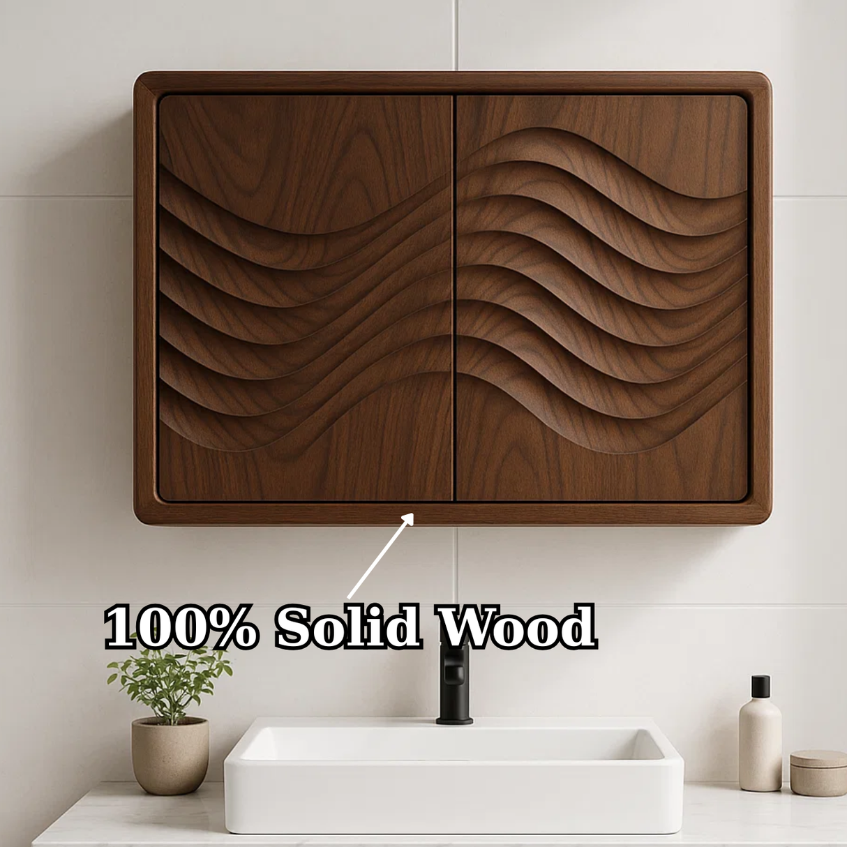 Handcrafted Solid Wood Wall Cabinet with Sculpted Wave Doors – Modern Artistic Bathroom Storage