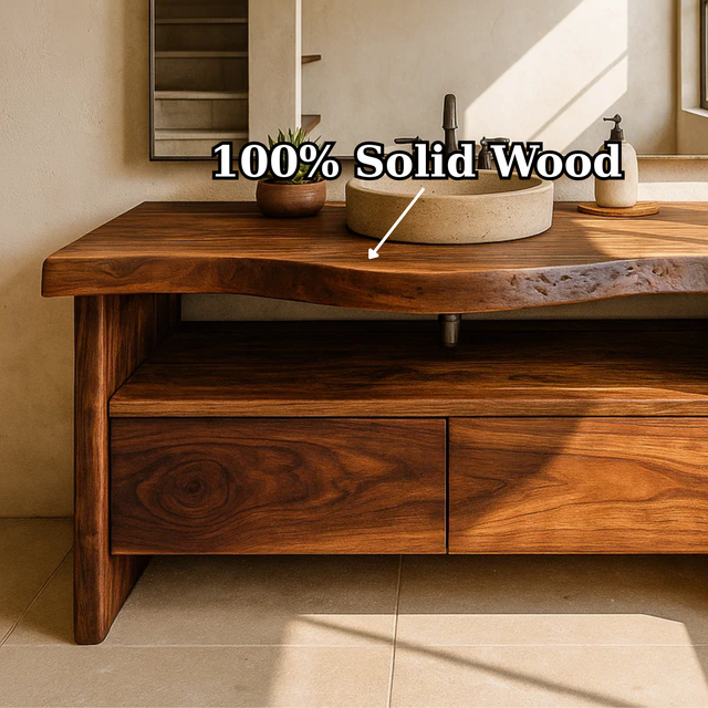 Handcrafted Solid Wood Bathroom Vanity with Live-Edge Walnut Top and Modern Storage Drawers