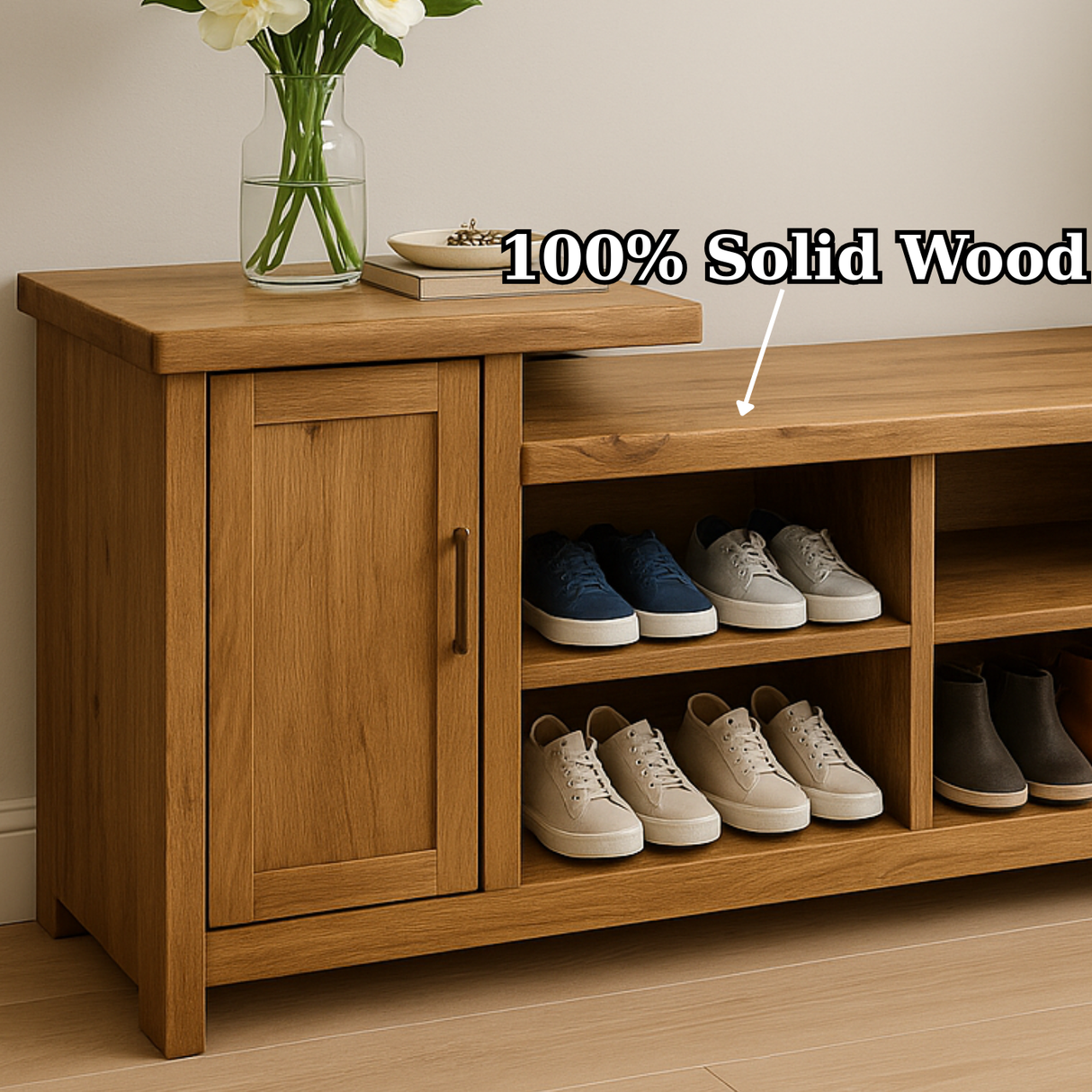 Handcrafted Solid Wood Bench – Entryway Storage, Cabinet & Shoe Cubbies
