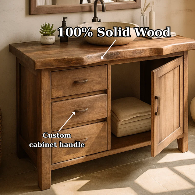 Handcrafted Solid Wood Bathroom Vanity with Live-Edge Top and Storage Drawers