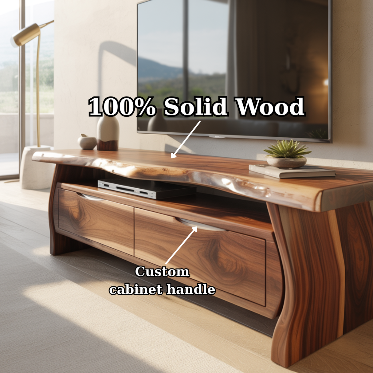 Handcrafted Live-Edge Solid Wood TV Stand with Sculpted Curved Base