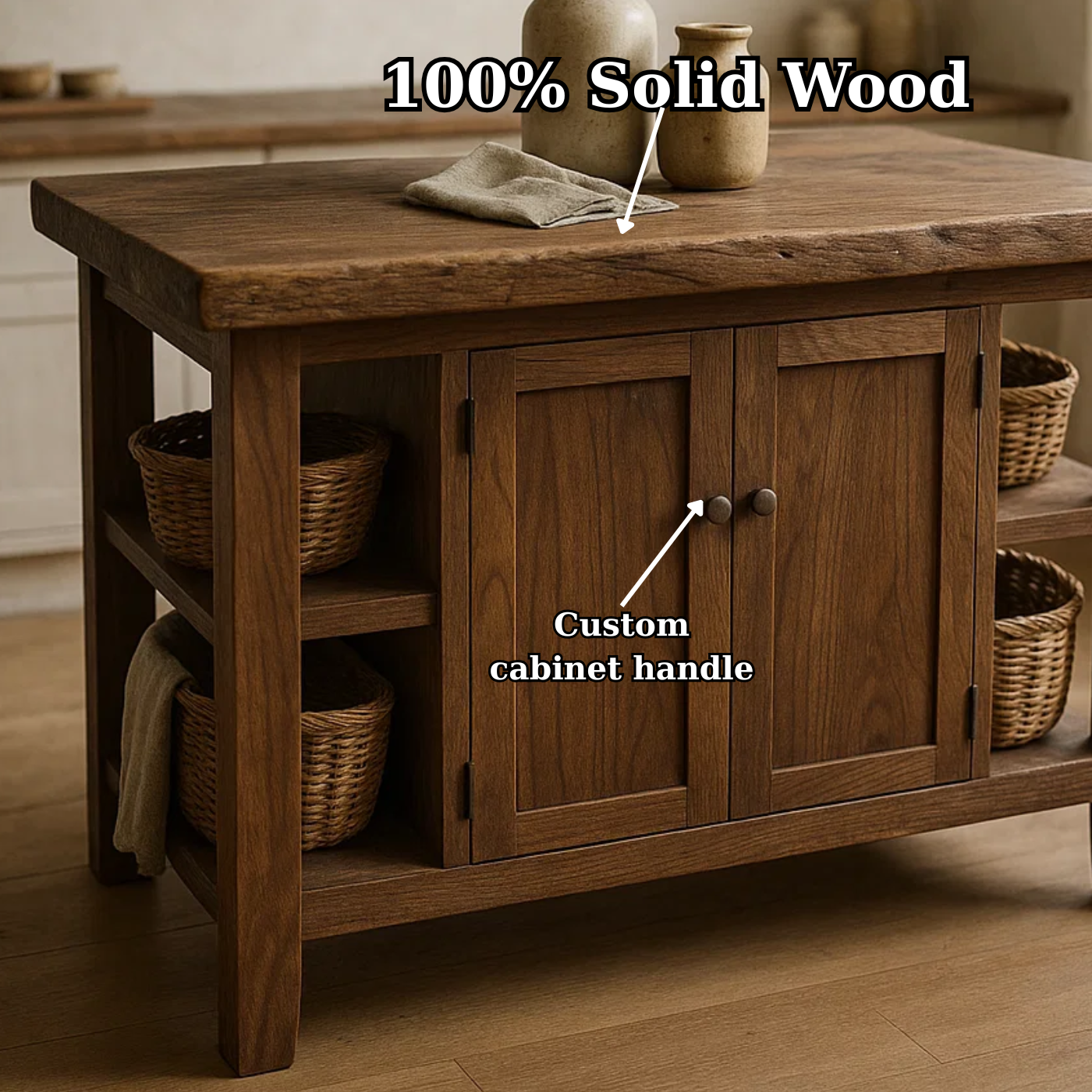 Handcrafted Solid Wood Kitchen Island | Rustic Cabinet Storage & Prep Table