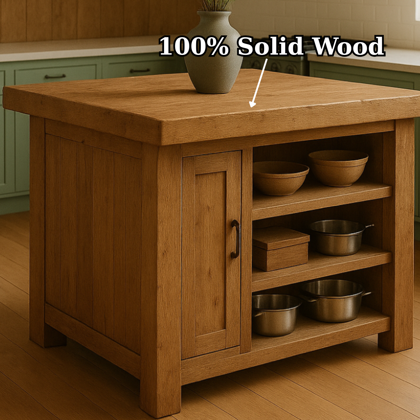 Handcrafted Solid Wood Kitchen Island - Square Shape, Cabinet & Shelves