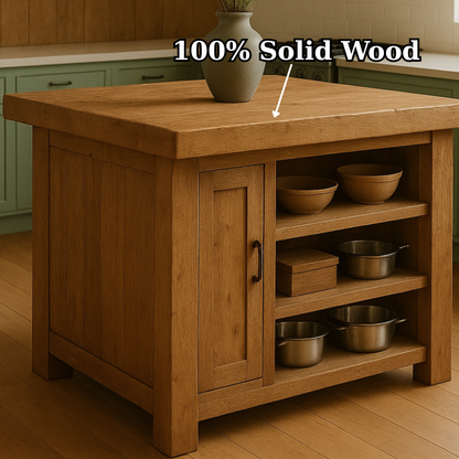 Handcrafted Solid Wood Kitchen Island - Square Shape, Cabinet & Shelves