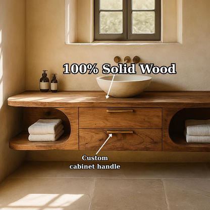 Handcrafted Solid Wood Floating Vanity - Organic Console with Curved Edges and Storage Nooks