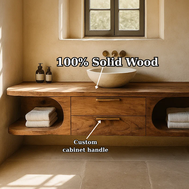 Handcrafted Solid Wood Floating Vanity - Organic Console with Curved Edges and Storage Nooks