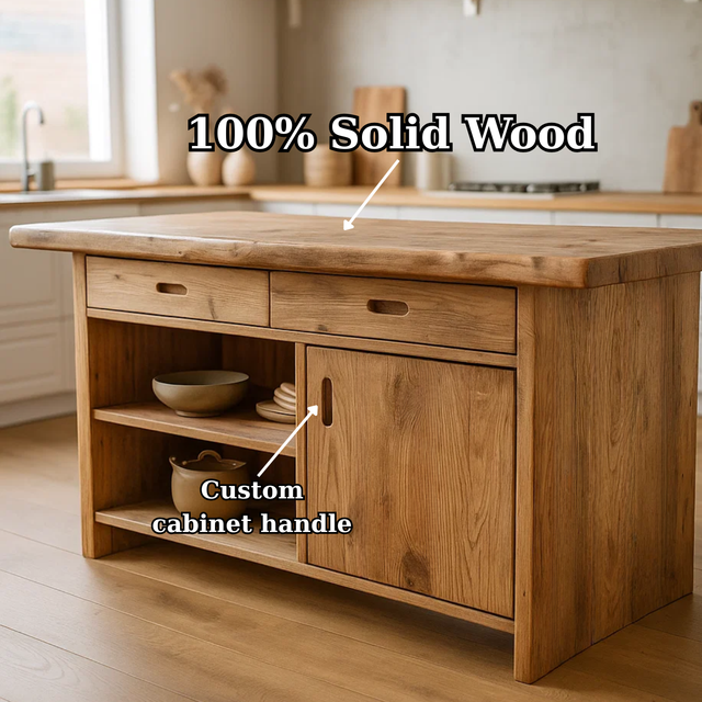 Handcrafted Solid Wood Kitchen Island with Open Shelves and Sliding-Door Storage