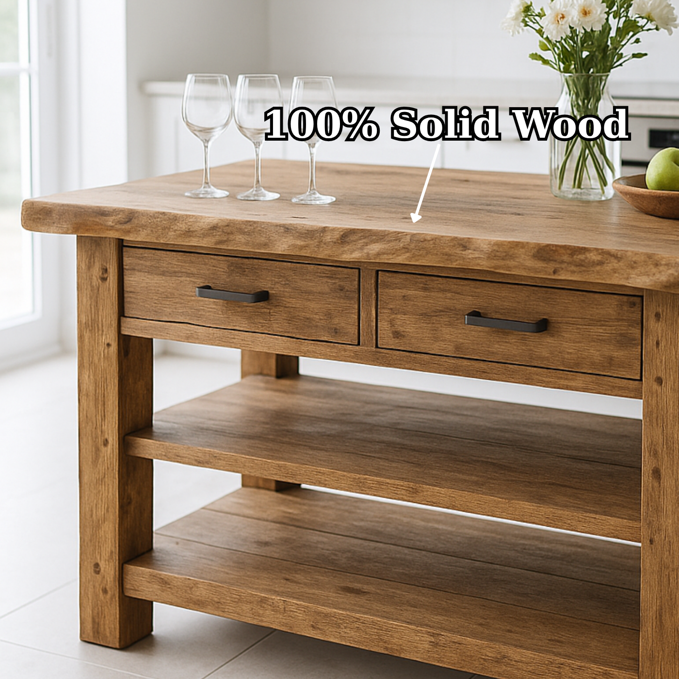 Handcrafted Solid Wood Kitchen Island - Live-Edge Top, 2 Drawers & Shelves