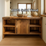 Handcrafted Solid Wood Bathroom Vanity with Central Sliding Door & Open Storage Shelves