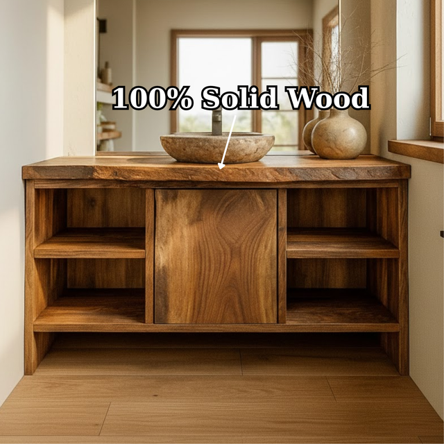 Handcrafted Solid Wood Bathroom Vanity with Central Sliding Door & Open Storage Shelves