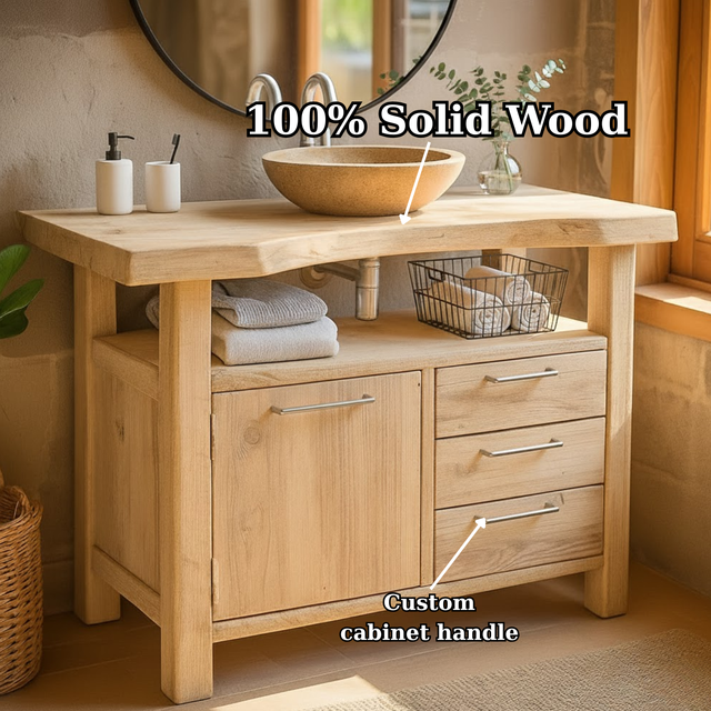 Handcrafted Solid Wood Bathroom Vanity with Live Edge Oak Top and Storage Drawers