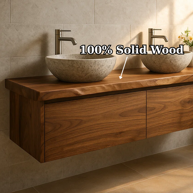 Handcrafted Solid Wood Floating Vanity - Double Sink Live Edge Walnut Console 2-Drawer